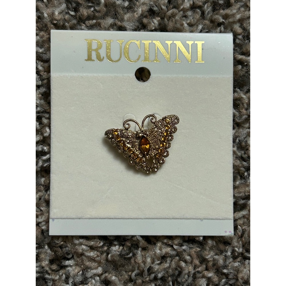 Rucinni Butterfly Pin Brooch Gold Tone Amber Crystal Rhinestone Vintage Style
